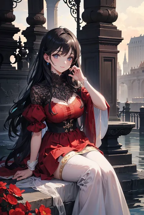 A princess sitting on a fountain, holding a red rost,detailed face,beautiful detailed eyes,beautiful detailed lips,extremely detailed eyes and face,longeyelashes,intricate details,cinematic lighting,dramatic colors,moody atmosphere,(best quality,4k,8k,high...