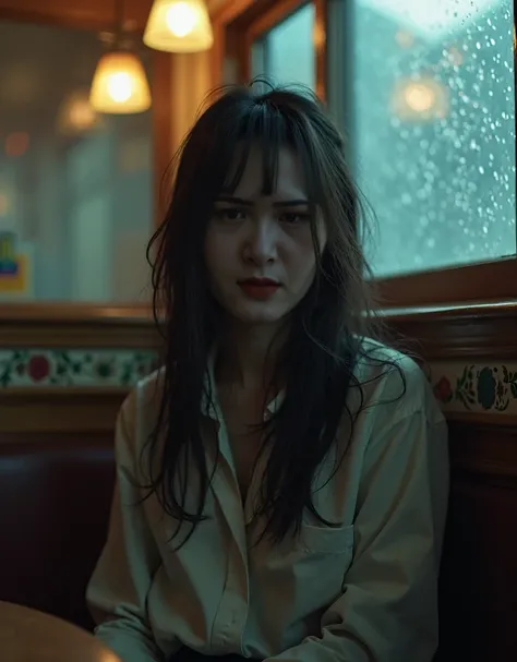 Professional photography, Wong Kar-wai&#39;s Film Lighting Style, A sad oriental beauty in a vintage shirt and vintage brown pants., She has long, straight, messy hair., She looked down, Sit back and relax in the corner of the restaurant, The window has ra...