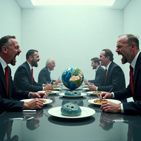 in a large white misty room there is a steel meeting table with 8 executives seated in black suits and red ties, carrying a fork and knife in each hand and on the table is a plate with the sphere of the earth on each. Their faces are drooling and sharp tee...