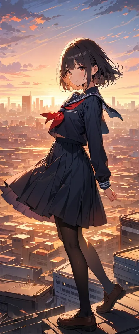 Best Quality, Super detailed, (Ultra-high resolution,8k), Ultra-high definition 4K, A silhouette of a lone female student in a sailor uniform, standing on a rooftop at sunset, overlooking the city skyline, with the warm glow of the setting sun casting long...