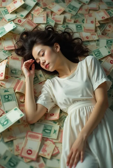 A woman sleeps on a pile of banknotes.
