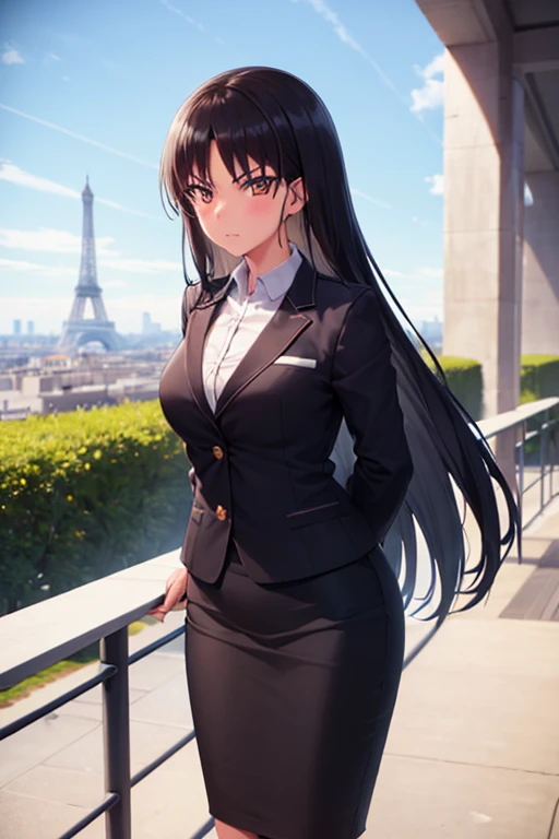 1girl, suzune horikita, suit, office lady, black skirt, black blazer, pencil skirt, white shirt, collared shirt, long hair, teenager, looking at viewer, full body, europe, france, paris, eiffel tower