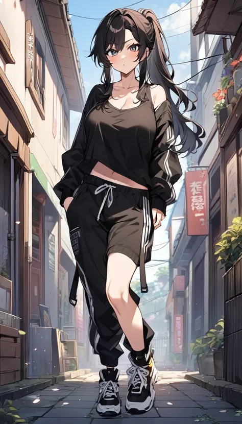 1girl, anime, beutiful, cute, sexy, wearing black tank top only, wearing black sweatpant, big breast, long hair, tomboy styles, anime,