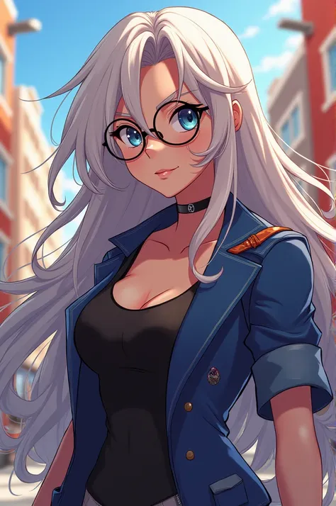 create a boku no hero character with some characteristics, the hair should go down to the shoulders, the hair should also have a bleached lock in the front and she should wear round glasses, the character is a woman