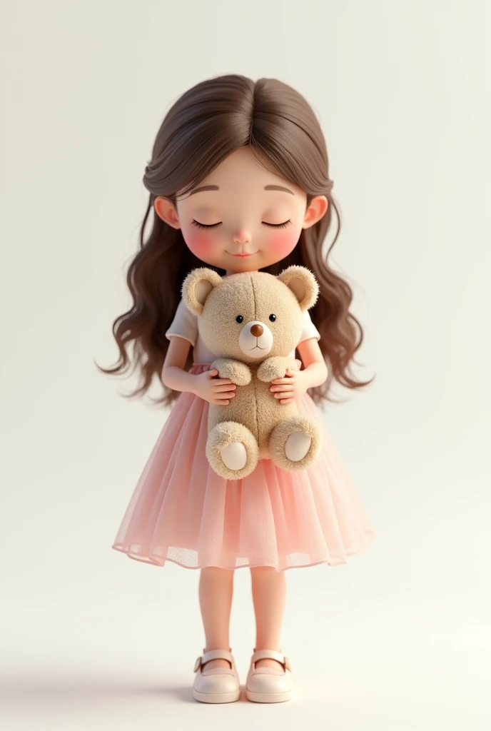 girl, , with long brown hair, standing with a toy bear in her hands, in a beautiful pale pink dress on a white background beautiful cinematic 8K realistic 3d
