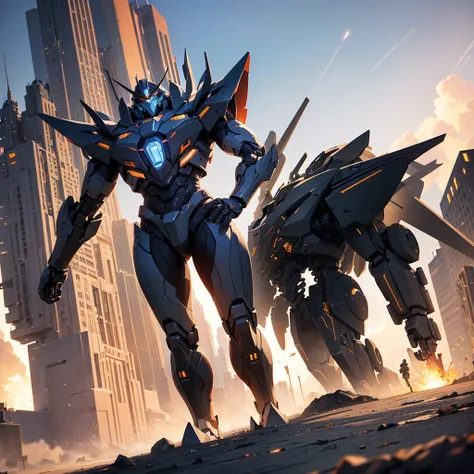 "Create a striking illustration of a futuristic mecha, towering and powerful against a dramatic skyline. The mecha should have intricate details, featuring glowing panels, heavy armor, and various weapons like energy cannons or missile launchers. Position ...