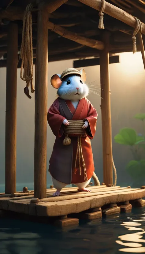 hagi yuan yuan style，scenography, very unified cg design,  (hamster adventurer standing on a broken raft made of wood and rope），...