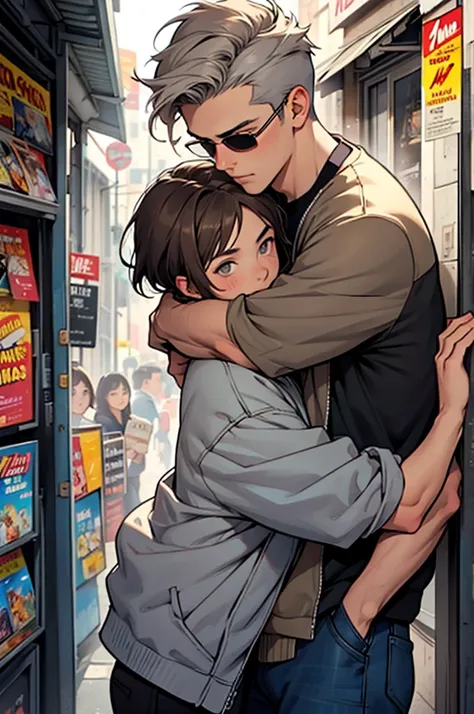 Girl with brown hair and grey eyes hugging gray-haired boy with short hair and sunglasses, comic