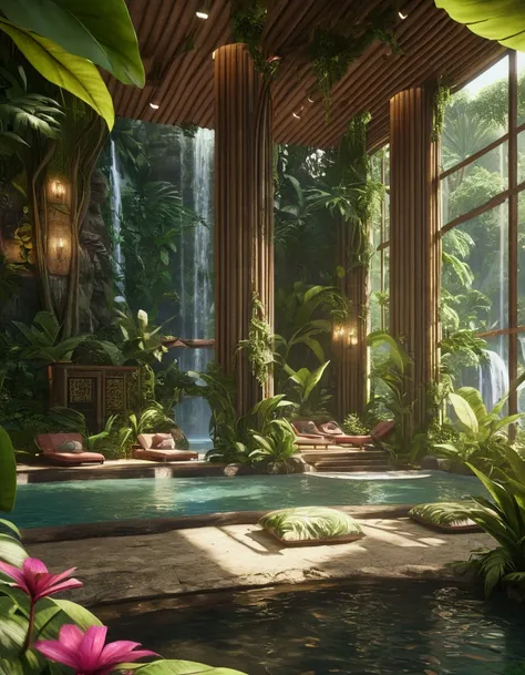 Large indoor pool surrounded by lush vegetation and waterfalls, Relaxing environment, A lush oasis, Detailed Unreal Engine 5 rendering, Jungle Settings, Relaxing concept art, In a jungle environment, Next to the tropical pool, Magical Environment, Advanced...