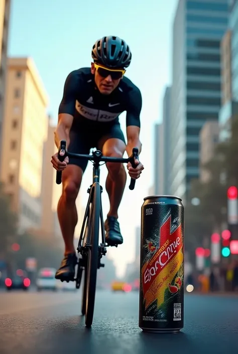 Generate a images with energy drink can product and cycling 

Share realistic image


