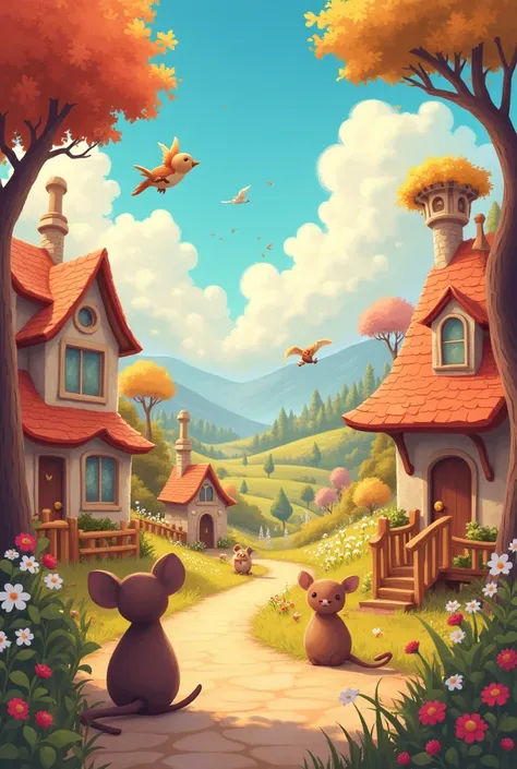 Whimsical, warm cartoon style with rich colors and soft edges.
