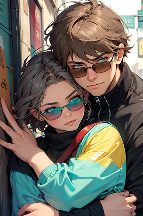 Girl with brown hair and turquoise eyes hugging gray-haired boy with very short hair and sunglasses