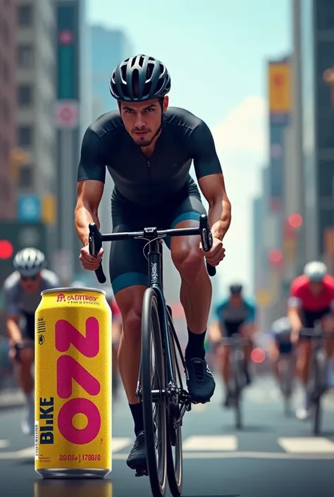 Generate a images with energy drink can product and cycling 

Share realistic image


