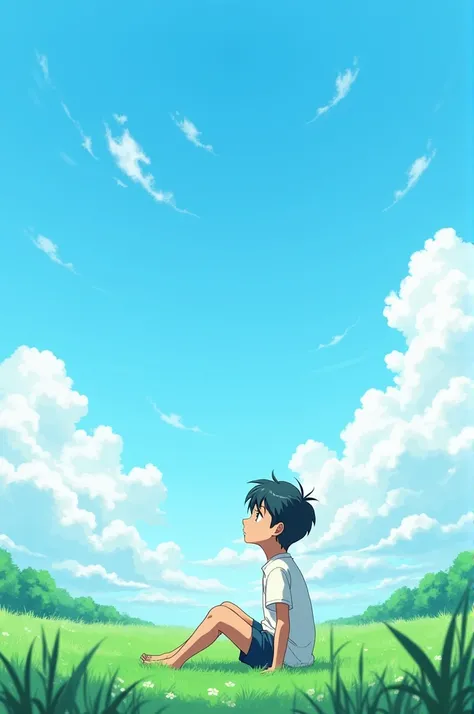 the clouds drift slowly across the sky. Each cloud has a unique shape, and a boy with shirt and shorts observes them.create this like an anime
17