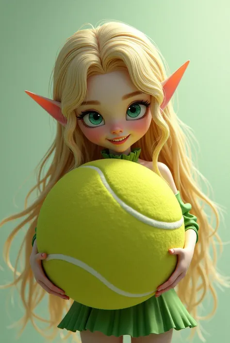 Super realistic illustration, Detailed Fantasy art, Cinema 4D rendering, 1 androgynous lady, solo, full body, A fairy elven lady is hugging a big tennis ball. looking down at the viewer and smiling. long blonde hair, Azure eyes. green tube top, green mini ...