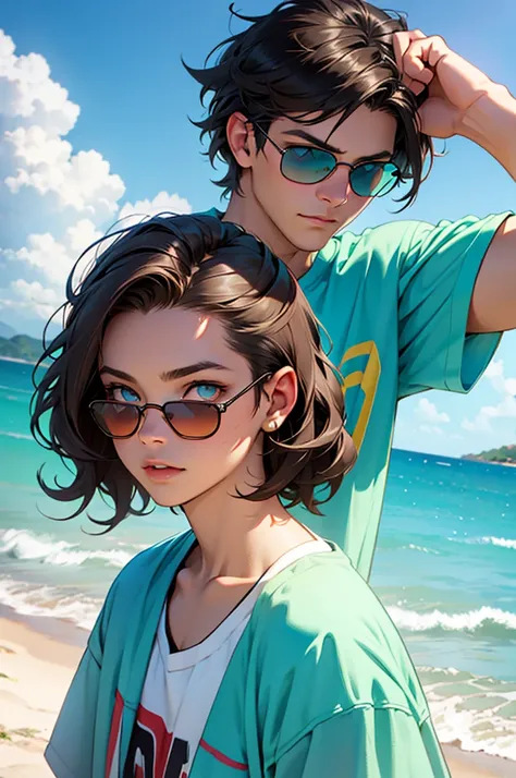 girl with wavy dark brown hair and turquoise eyes with a boy low fade hair and sunglasses