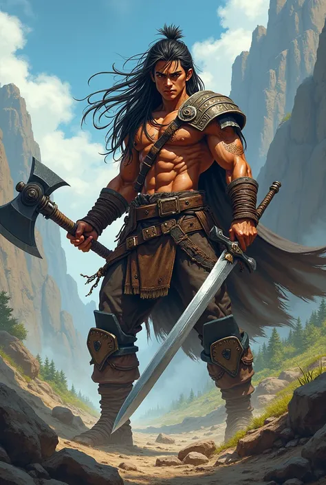 Barbarian anime teen hold axe and sword 