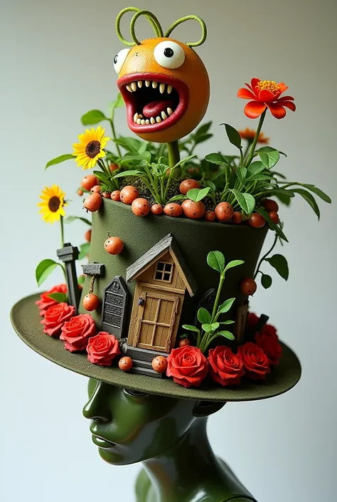 Create a crazy hat with the theme of the game plants vs zombies, but it only includes the plants in the game, incorpora algunas rose rojas y la planta carnívora comiendo la cabeza de un zombie. 
Could be:
On the edge of the hat full of "rose" plus the grav...