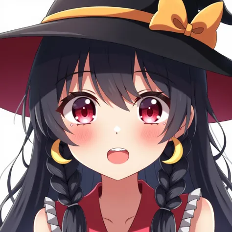 One girl, bangs, Black Hair, ribbon, Witch Hat, Best Quality, High resolution, Long Hair, Braids, Low twin tails, Straight Hair, Inner Color, Crescent Earrings, Blushing, Red eyes, Bright Eyes, Double teeth, excited, anime, 