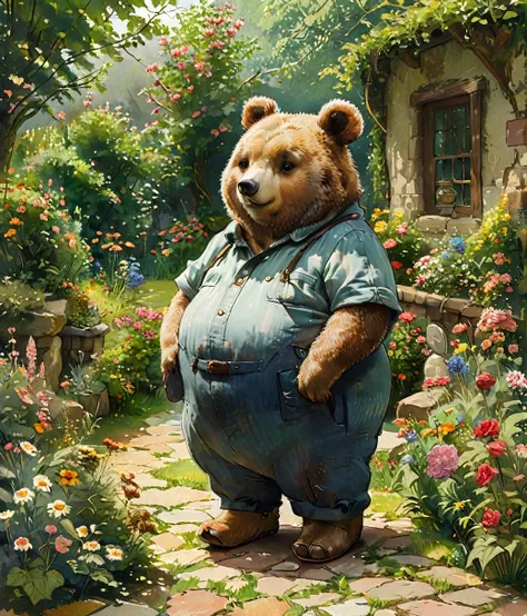 style of E. H. Shepard, (cute, fat, obese, anthro, male, bear), solo, full body, dynamic pose, magical garden, hires textures, highly detailed, intricate details, best quality, masterpiece, detailxl