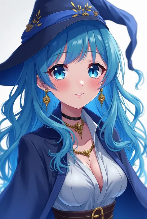 blue eyes, Simple Background, ，smile, Earrings, Shortcuts, Blue Hair/Light blue hair, Large Breasts, Wizard&#39;s Clothes，anime