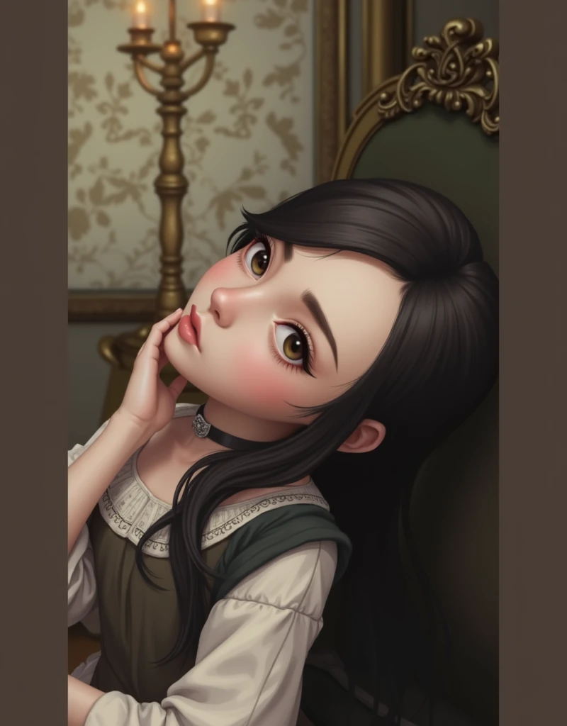 Young 14 yo girl with black hair and deep brown eyes wearing medieval clothes inside royal bed chamber, full body