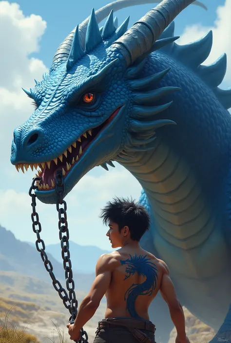 The big blue dragons neck was tied with a big chain The chain was held by a strong young man with dark hair The boy had a blue dragon tattoo on his back