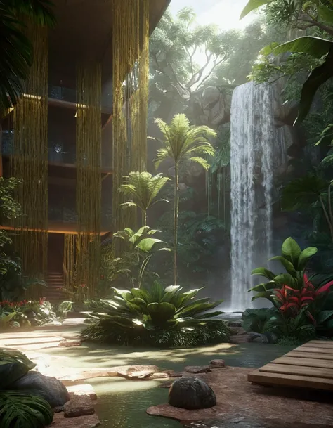 View of a waterfall in a tropical garden with a waterfall, Advanced Rendering in Unreal Engine 5, shortage々Beautiful waterfall environment, Detailed Unreal Engine 5 rendering, Unreal Engine 5 Quality Rendering, Natural and realistic rendering, tree々and a w...