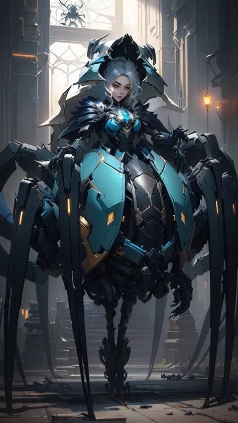 anime character with a giant spider like body and a blue dress, lolth, professional concept art, high quality concept art, mechanized art concept, from overwatch, arachne, warframe infested art, high quality digital concept art, concept arts, wlop and kren...