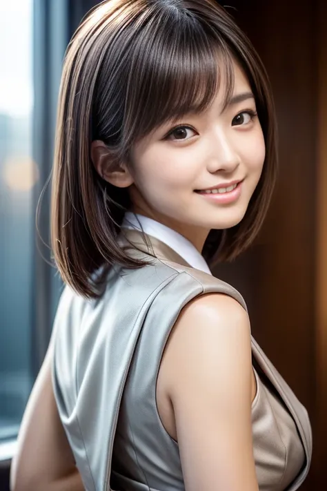 Tabletop, Highest quality, Realistic, Very detailed, finely, High resolution, 8k, Cinema Lighting, 1 person, Cute Japanese Women, 30 years old, light brown straight bob hair, (Wearing a formal business suit:1.4), (Blurred Background, indoor, noon, Light of...