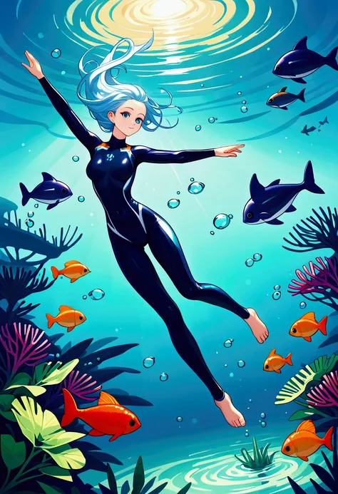 (Masterpiece, Best quality, Special details, The best shadow), (Beautifully detailed face:1.3),(alone), (clan_Friendly:0.8),High contrast, Ultra high resolution,(1 girl from the deep sea:1.6),(Dive and pet a whale:1.3),Full body, Diving suit,refract light ...