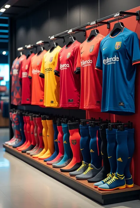 Football sportswear on a rack in a shop