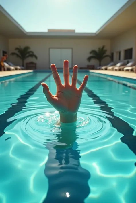 A hand coming from the deep side of a professional swimming pool in a broad day light. Portrait image