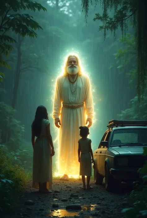 A mysterious man, slightly glowing and look like god krishna appears near their car. He is dressed in simple, ancient clothing, with soft light surrounding him.

Description: The man stands in front of the couple’s broken car, smiling gently. He has a calm...