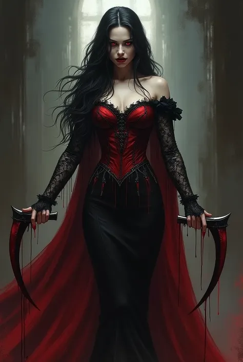 Create an illustration of a full-length vampire woman, with a bloody mouth, an evil smile, wearing a red and black Victorian dress, black hair, red eyes, pale skin, and holding two hand scythes.