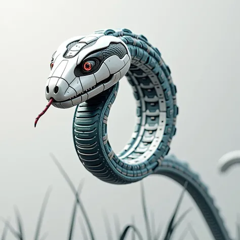 Robotic king cobra snake with red highlighting eye, sharp teeth, and the background is full dark, slithers past the lake, flicking its tongue, searching for prey