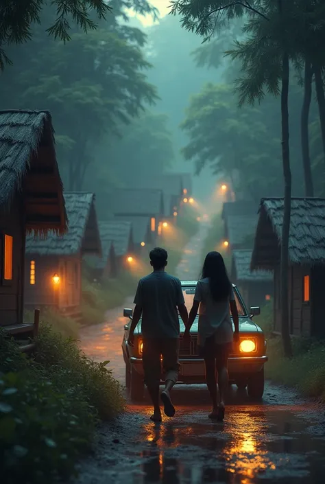 The couple’s car arrives at a small, cozy village, with the rain finally stopping. A few small huts with warm, glowing windows can be seen, and the jungle has thinned out.

Description: Suraj and Priya are stepping out of their car, looking at the village ...