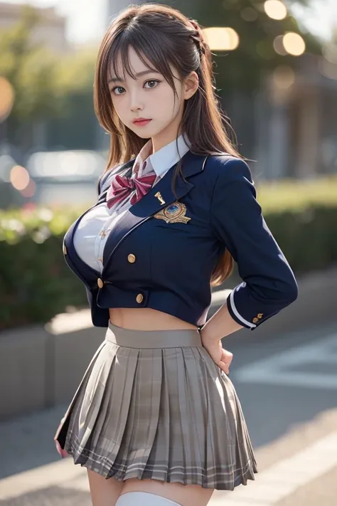 (Two Girls), Brown Hair, Great face and eyes, Pink Eyes, (胸元が大きく開いたHigh School Uniform:1.3), Beautiful big boobs, Exposed breasts, (Amazingly beautiful girl), Brown Hair, (High School Uniform, Pleated mini skirt:1.5), ((Best Quality)), (Very detailed), (Ve...