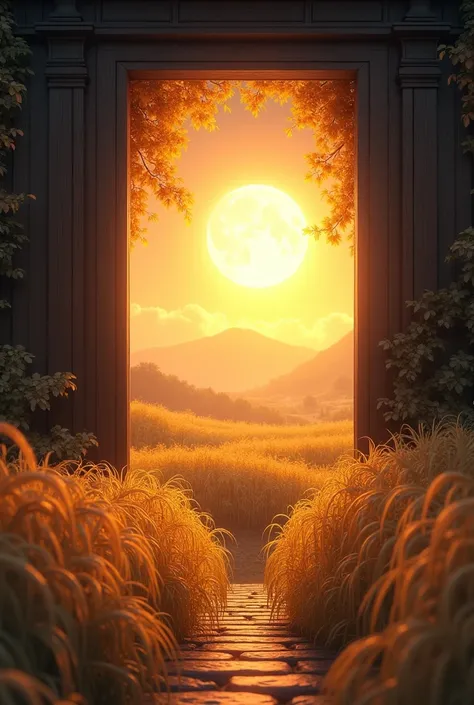 There is a door in the shining universe, and inside it you can see ears of rice, a golden moon, and an autumn landscape.