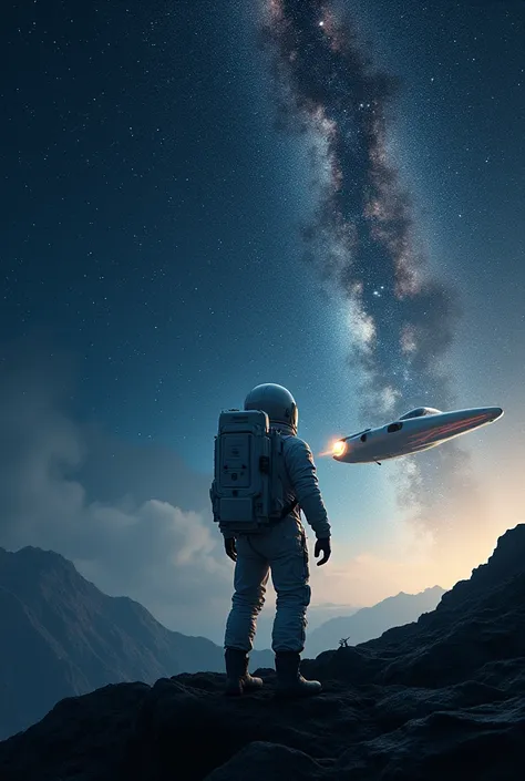 A men in the space with a beautiful star view with a space ship