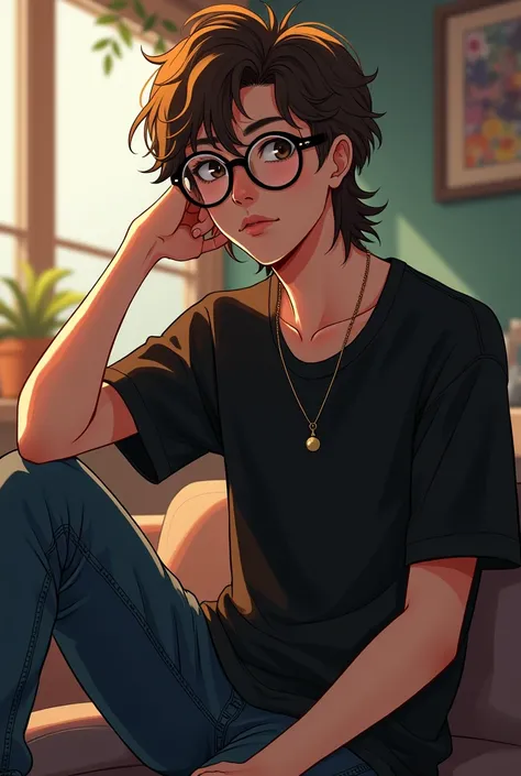  Picture a teenager with a brown mullet that’s slightly messy, wearing oversized round glasses. He has a stylish emo outfit, maybe a black band tee and skinny jeans. His expression is thoughtful, and he’s in a cool, casual pose.