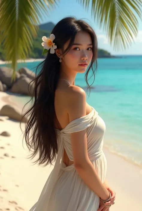 Thai girl, Asian, age 20-25 years, long hair, at the beach