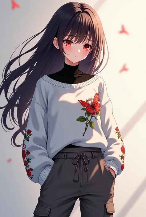 An anime girl with long dark brown hair and Red eyes.. The girl wore a black turtleneck and white sweater with a butterfly and rose motive And the Girl is wearing cargo pants and white shoes.