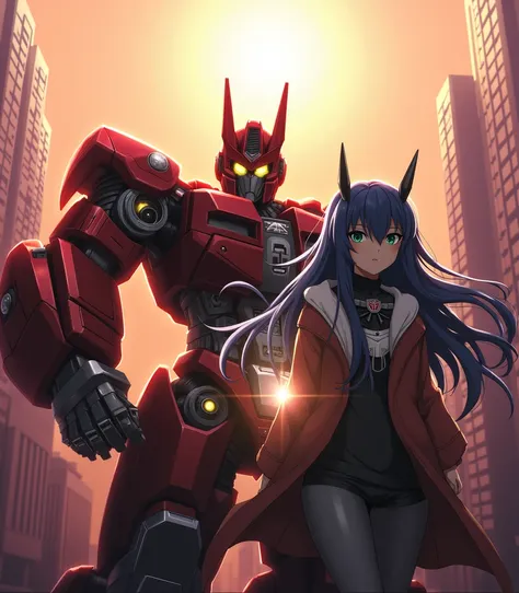 a massive, gigantic Optimus Prime robot standing in a city on a sunny Sunday, photorealistic, highly detailed, 8k, studio lighting, dynamic pose, transformers, anime girl Asuna standing next to Optimus Prime, beautiful detailed eyes, beautiful detailed lip...