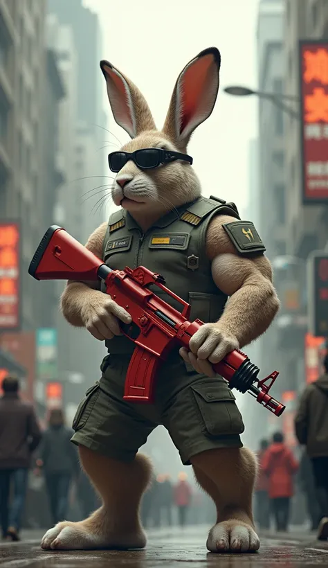 can u make big rabit .he s body army body and holding a big red gan hand . in the city on the jangul. peepel are seen him. they are affreid . 4d image. army rabit get a sunglas