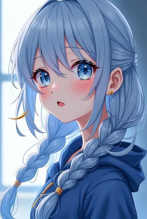 blue eyes, Simple Background, ，, Earrings, Blue Hair/Light blue hair, anime，三日月形のEarrings, Light blush, , Braids, Wizard&#39;s Clothes，chest, 