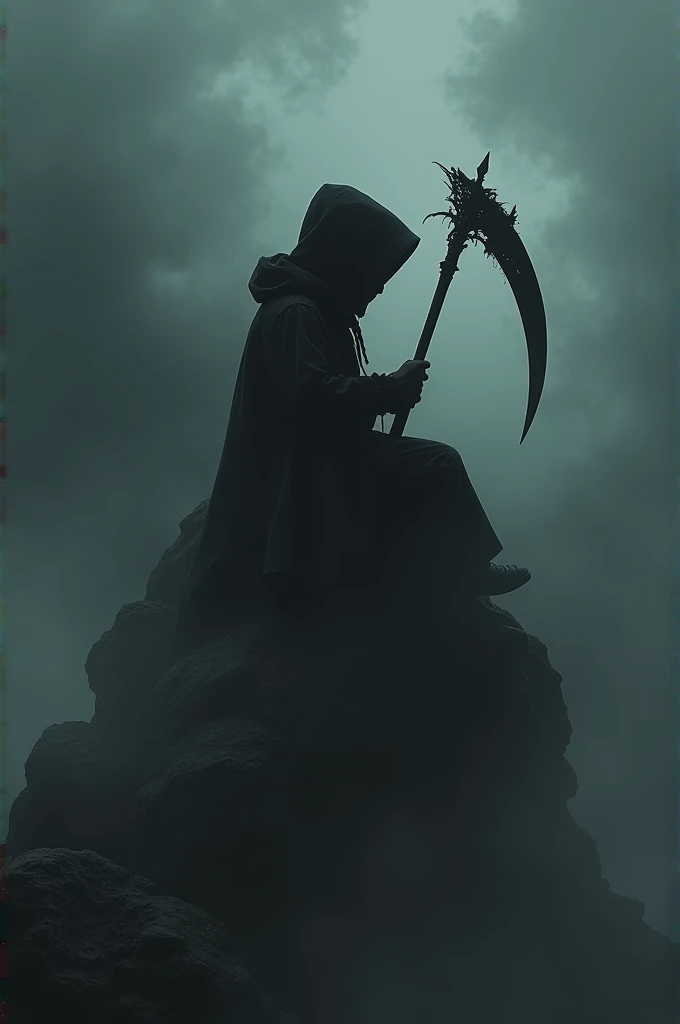 Boy whit dark hoodie and scythe and sitting on the stone face is cover with black mist