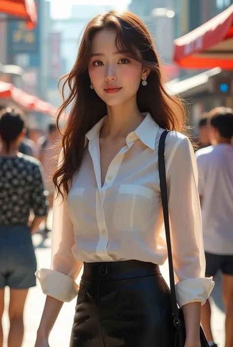 Real、Fukada Kyoko、Beautiful Japanese Women、Pale skin、Large breasts、Brown long hair、Focusing outside amongst a lot of people、Earrings、White shirt、Black tight skirt、Beautiful thighs、Carrying a bag、Bright sunshine、Center of focus、Smiling