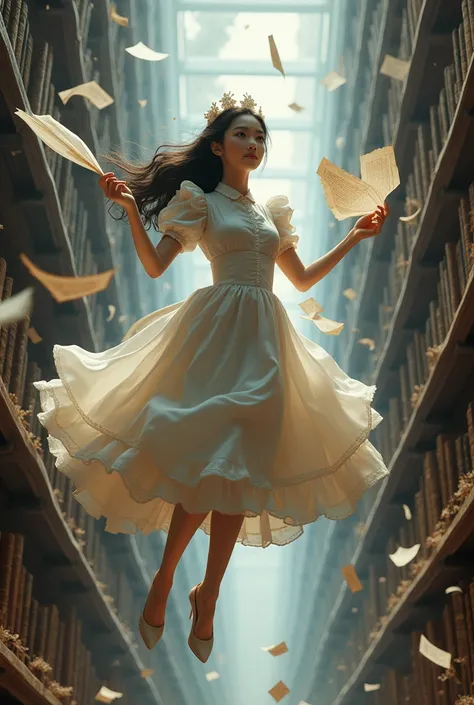 A beautiful Asian woman, 20 years old, as a witch, in maid clothes, floating in the air with a magic wand and sheet music floating around her, with a smiling expression, an endless library with books that float to readers on command
