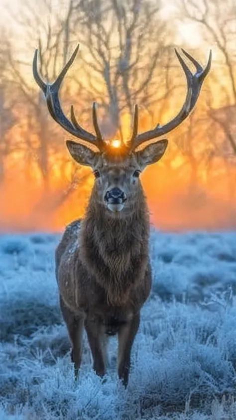 araffe standing in a frosty field with trees in the background, looking majestic in forest, wildlife photo, majestic!!! beautiful!!!, stunning photoshot, sunset glow around head, stag wearing a crown, very beautiful photo, glowing halo above his head, beau...